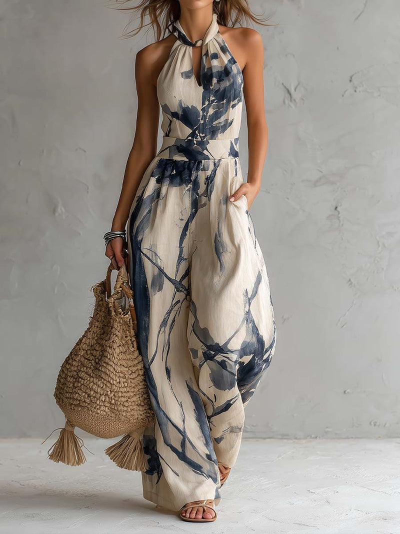 Tuta a Gamba Larga con Scollo all'Americana e Stampa Acquerello con Tasche