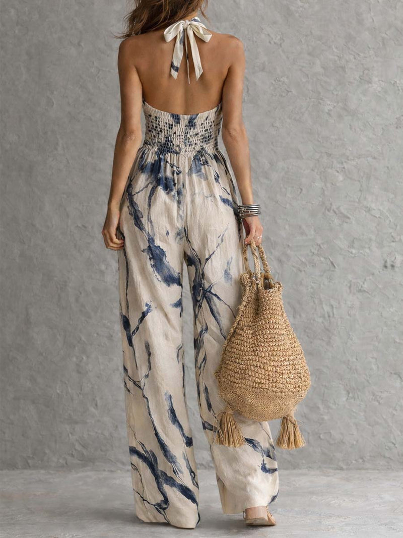 Tuta a Gamba Larga con Scollo all'Americana e Stampa Acquerello con Tasche