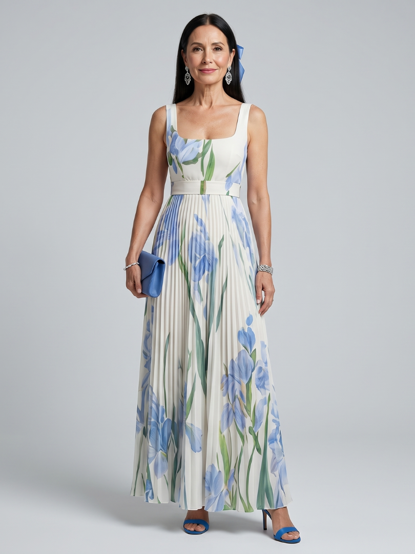 Ophelia | Abito Midi Floreale Senza Maniche con Scollo Quadrato