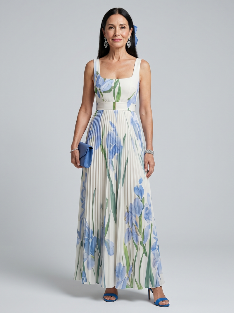 Ophelia | Abito Midi Floreale Senza Maniche con Scollo Quadrato