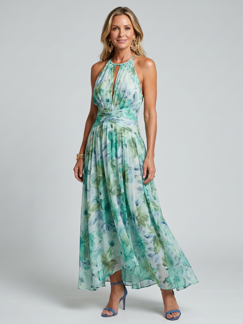 Portia | Abito Midi Halter Plissettato con Motivo Floreale Morbido