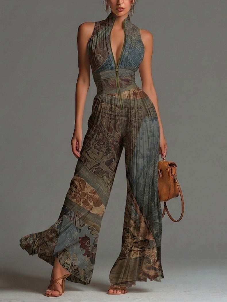 Tuta in Chiffon a Gamba Larga Plissettata con Stampa Etnica