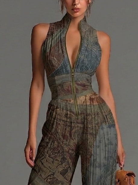 Tuta in Chiffon a Gamba Larga Plissettata con Stampa Etnica