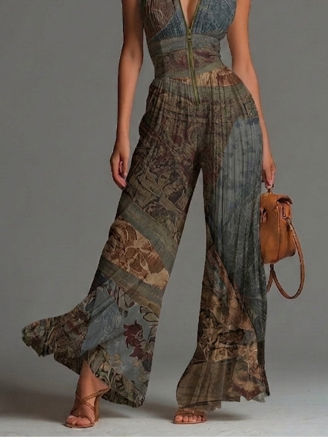Tuta in Chiffon a Gamba Larga Plissettata con Stampa Etnica