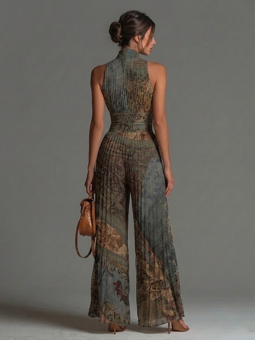 Tuta in Chiffon a Gamba Larga Plissettata con Stampa Etnica