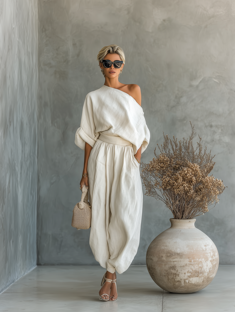 Completo in Lino Bianco Sporco con Top Spalle Scoperte